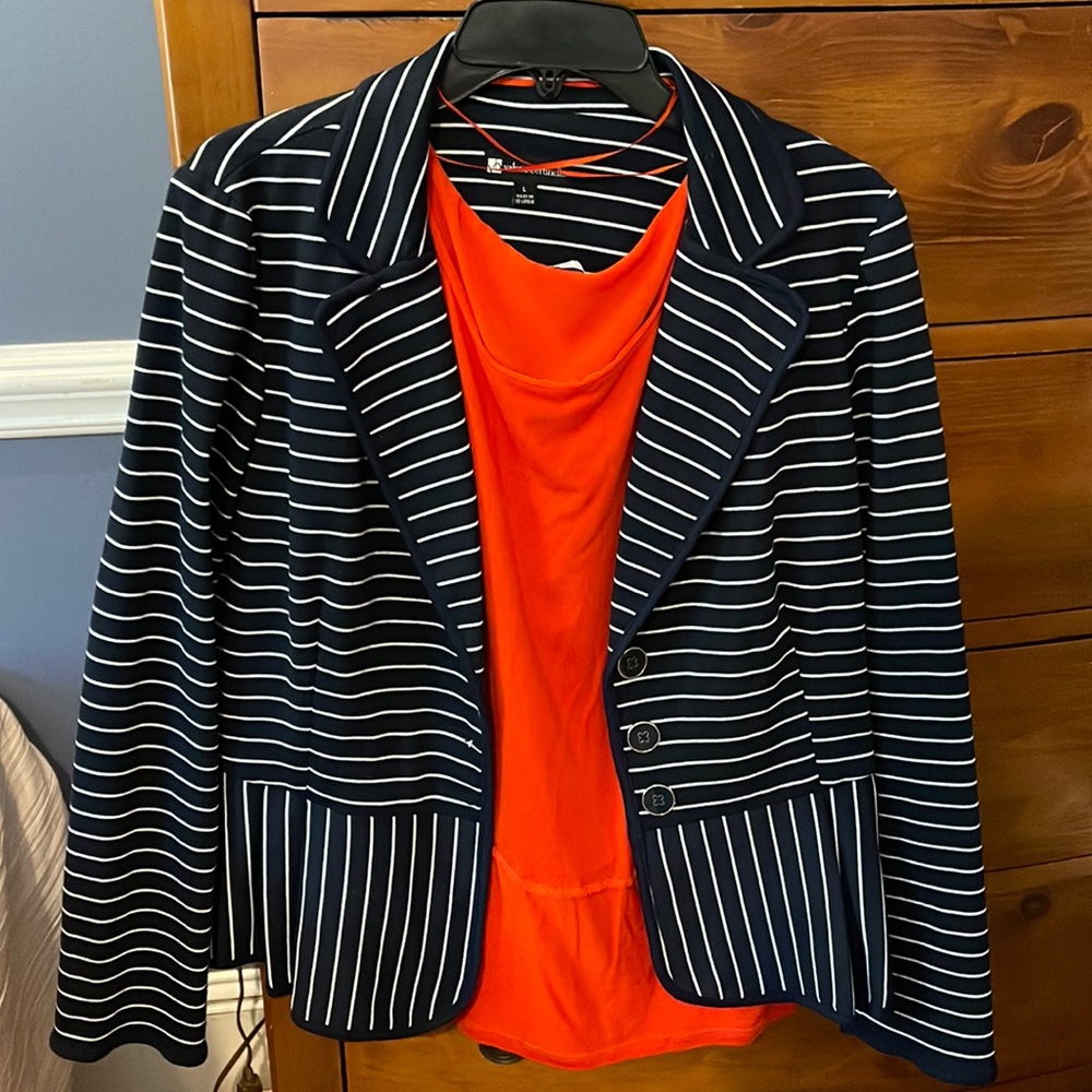 Navy white stripe nautical knit jacket Valerie Bertinelli size L Orange shirt